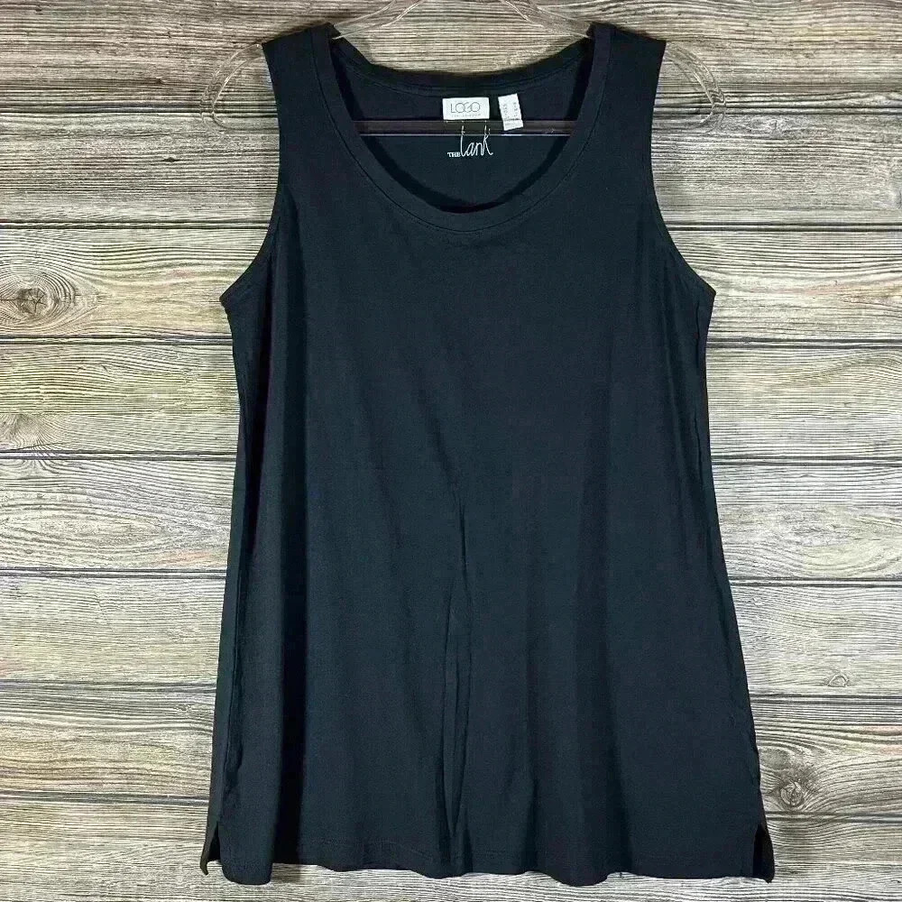 LOGO Principles by Lori Goldstein Knit Scoop Neck Tank Top Black Size Medium